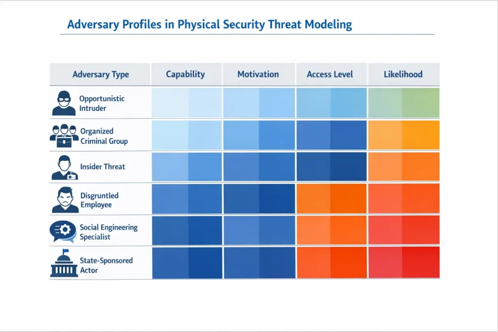 What Is Threat Modeling in Physical Security? Adversary profile matrix showing different threat actor types and risk levels in physical security modeling.