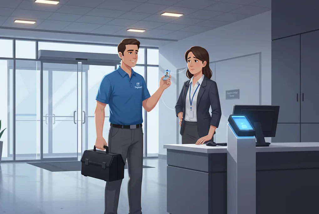 Social Engineering in Physical Security Illustration showing impersonation-based social engineering attempt at a corporate office entry point.