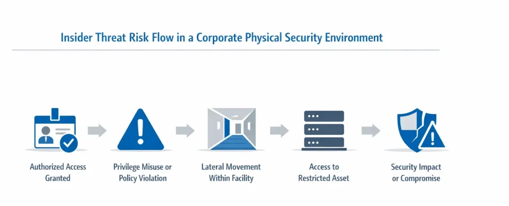 Diagram illustrating insider threat risk flow from authorized access to facility compromise.