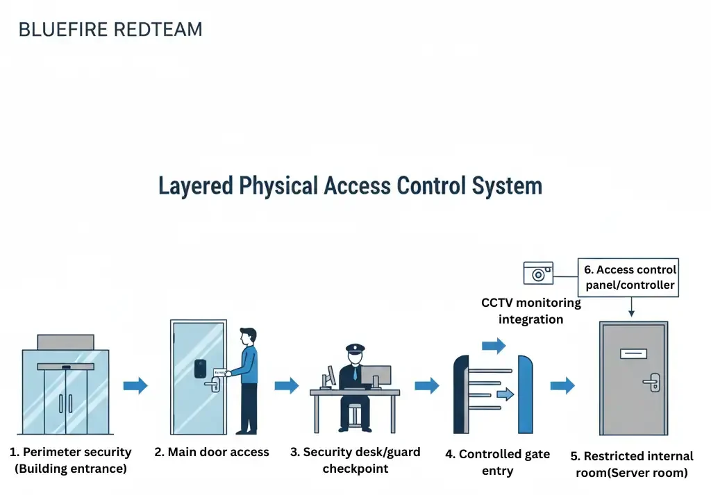 Diagram illustrating layered physical access control system from perimeter to restricted secure area.