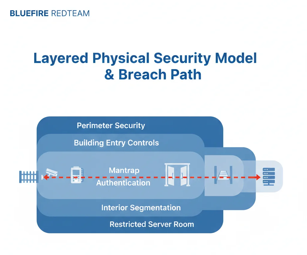 Attack Path Analysis in Red Teaming Layered physical security model with highlighted breach path illustrating potential intrusion route.