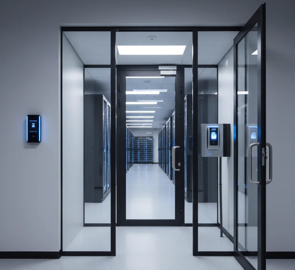 Mantrap entry system securing access to a data center server room.