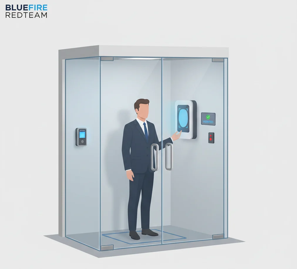 Multi-factor authentication process inside mantrap security chamber using badge and biometric verification.