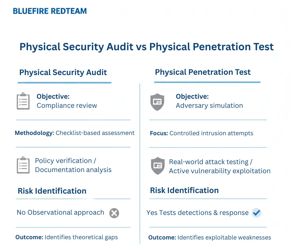 Physical Security Audit vs Penetration Test Side-by-side comparison infographic showing differences between physical security audit and physical penetration testing.