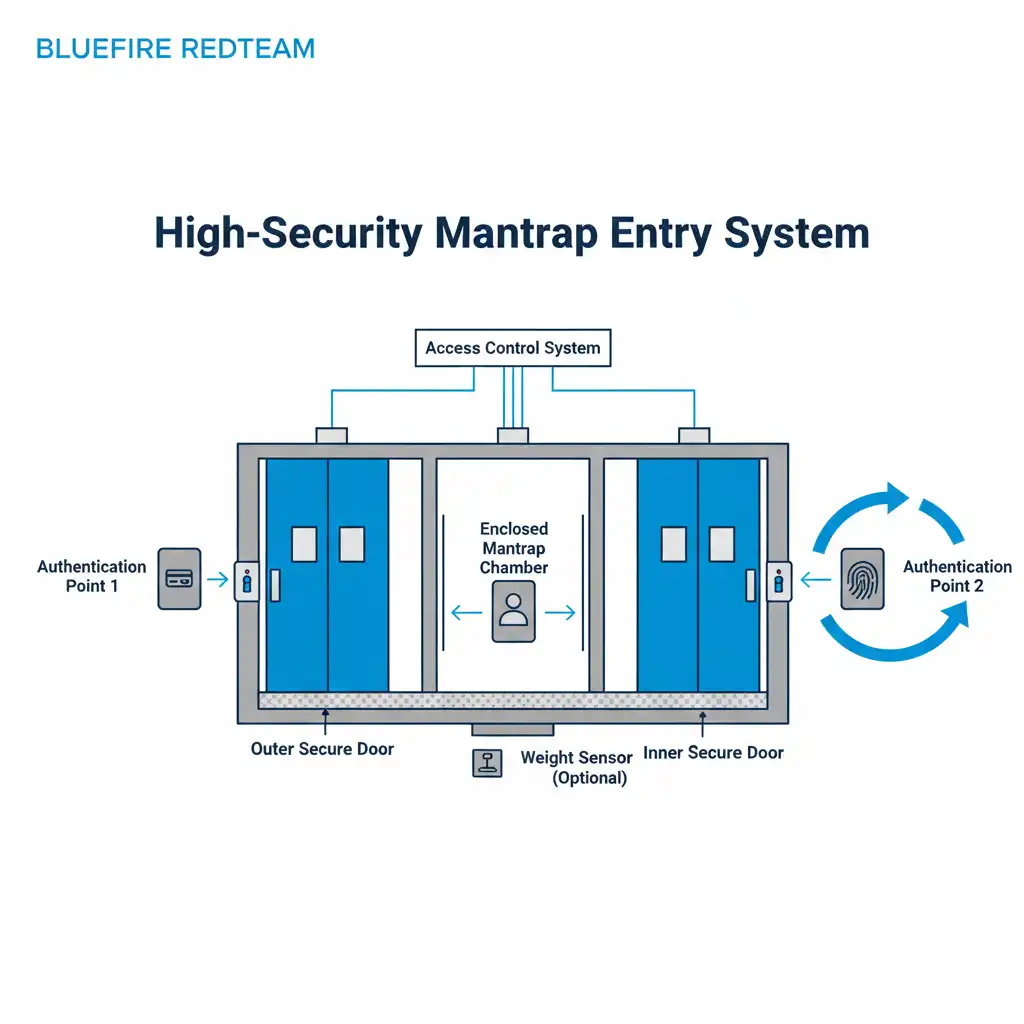 Enterprise data center mantrap chamber with dual-door controlled access system.