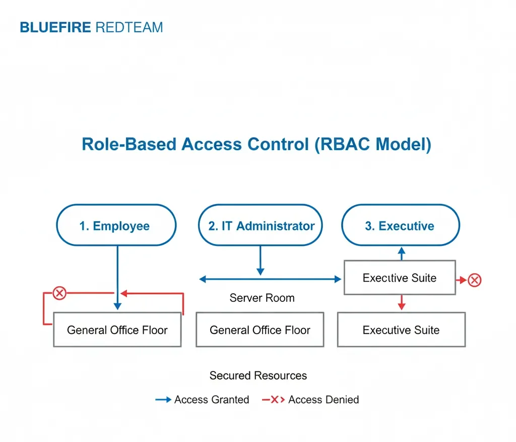 Diagram showing role-based access control model with different permission levels assigned to employee roles.