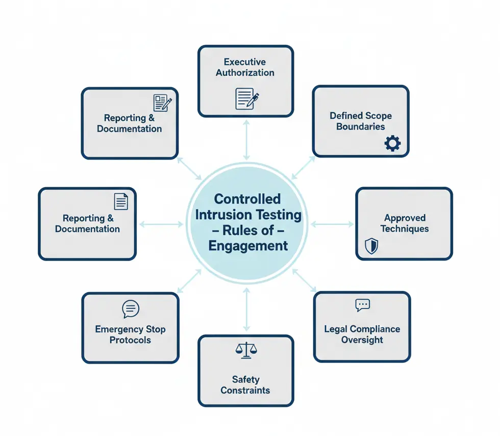 Rules of engagement framework infographic for controlled intrusion testing engagements.