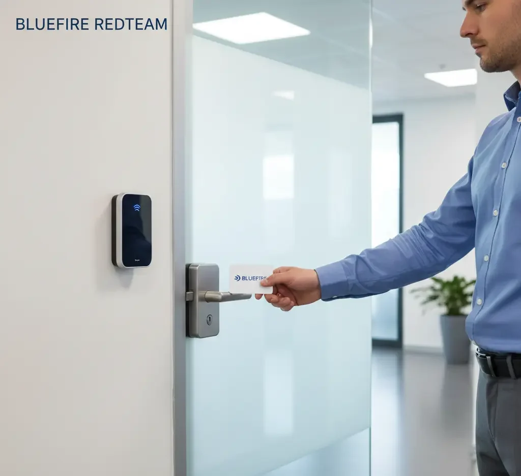 Corporate proximity card reader access control system installed beside secure office door.