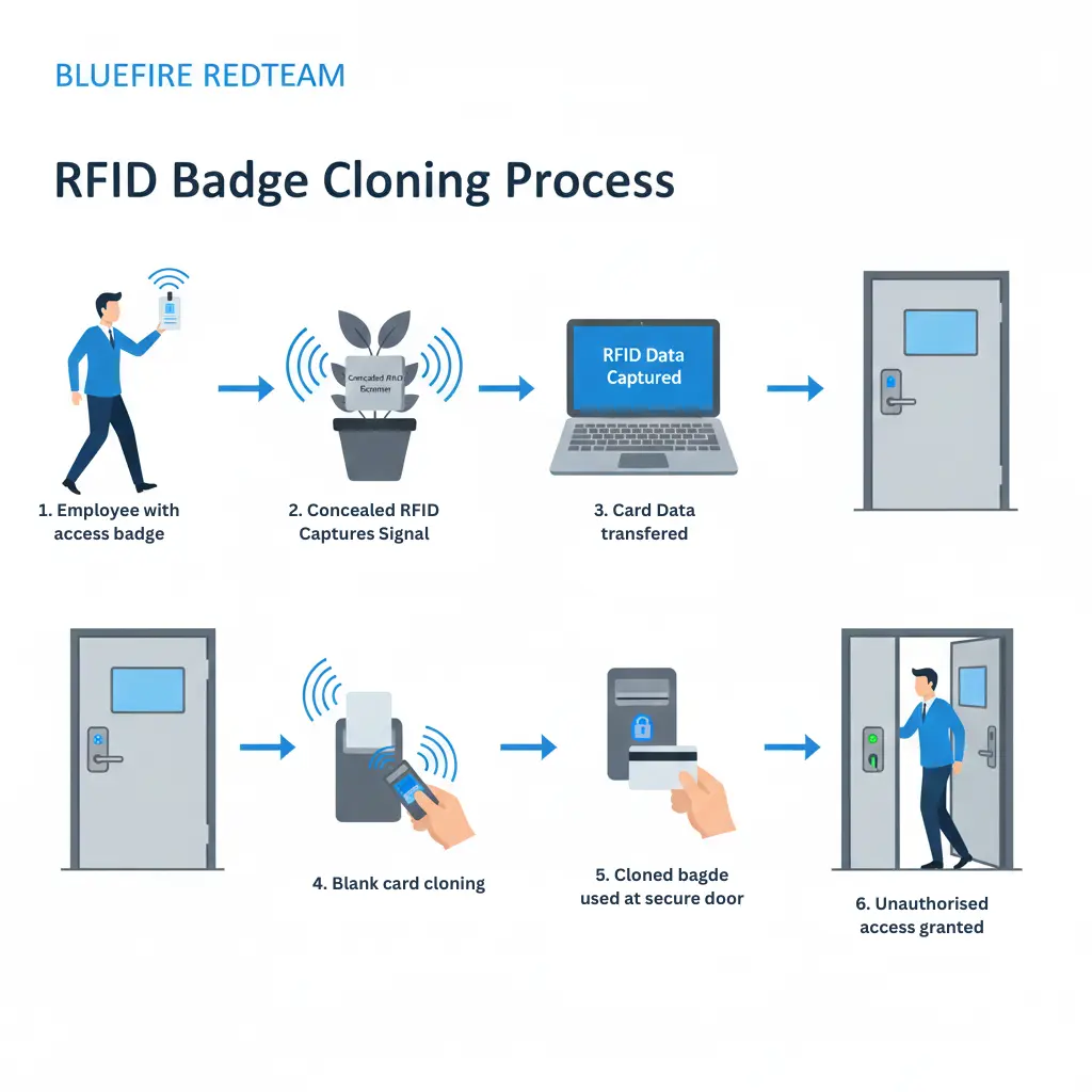 Diagram illustrating RFID badge cloning attack process in enterprise environment.