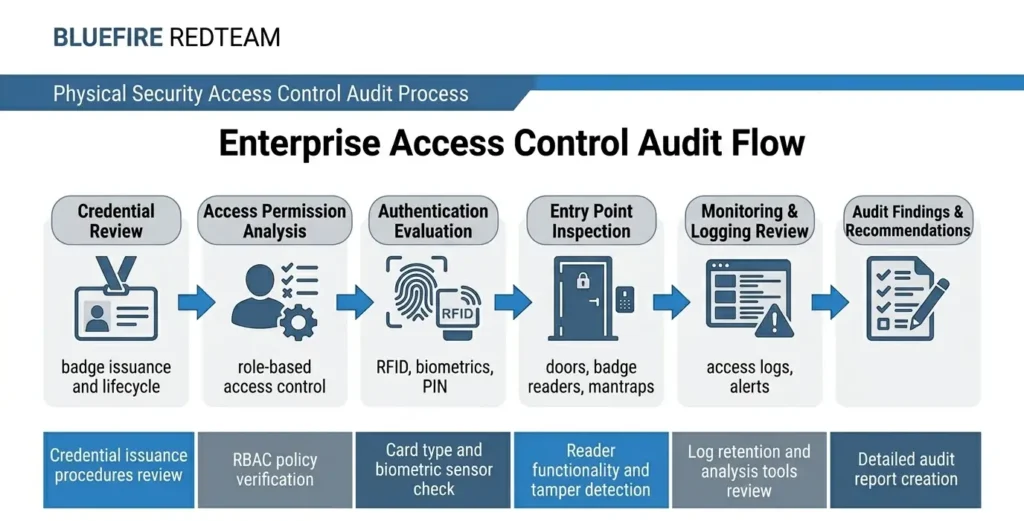 What Is an Access Control Audit? Diagram illustrating access control audit process from credential review to audit findings.