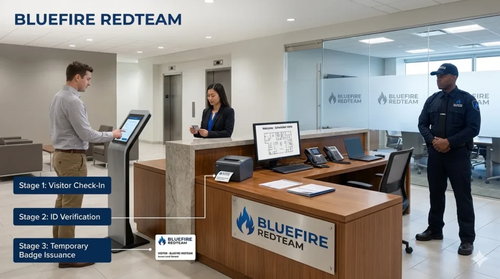 What Is a Visitor Management System? Corporate reception area using visitor management system for secure check-in.