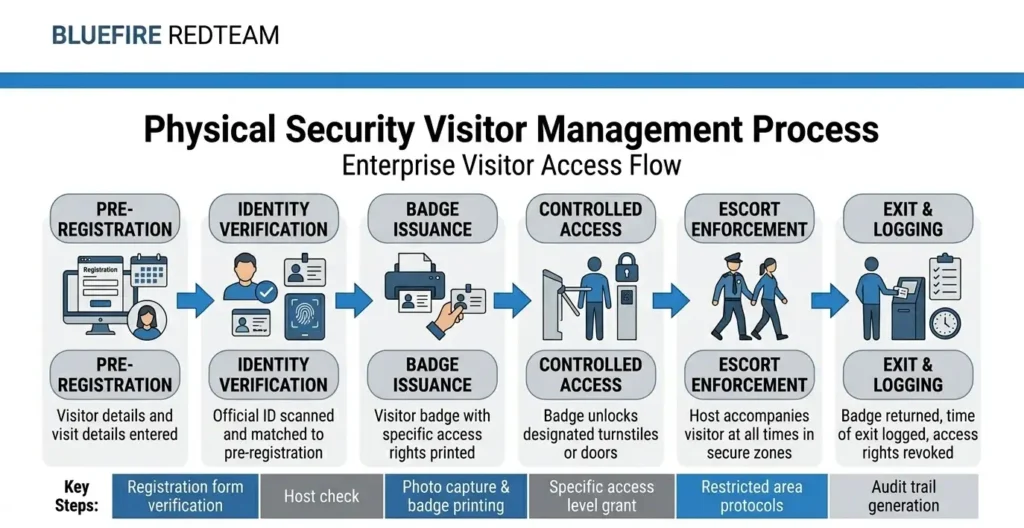 What Is a Visitor Management System? Visitor management system workflow from registration to exit tracking.